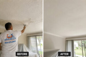 Popcorn ceiling removal and smooth ceiling finish in Broward County by American Elite Painting & Restoration