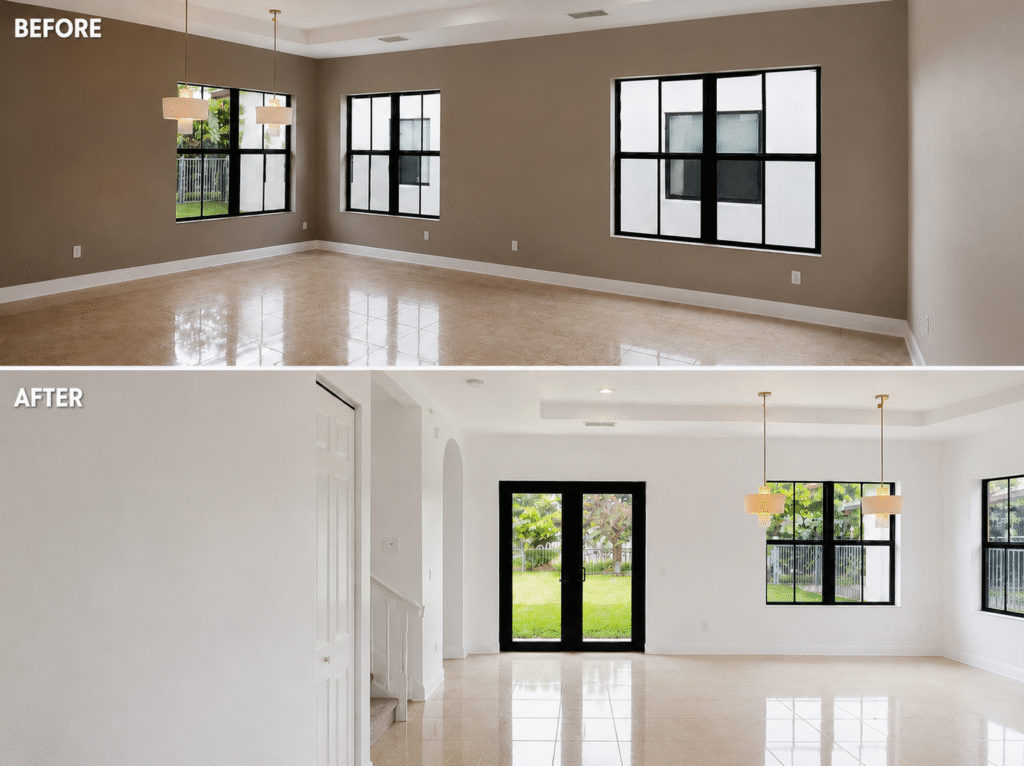 Interior showing dark brown walls we painted bright white in a modern South Florida