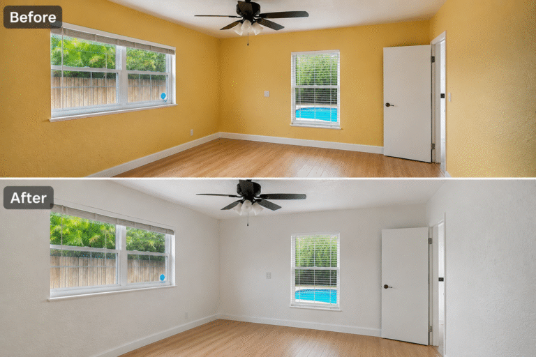 Before and after interior transformation, showing yellow walls repainted white by American elite painting & restoration in Broward County, Florida